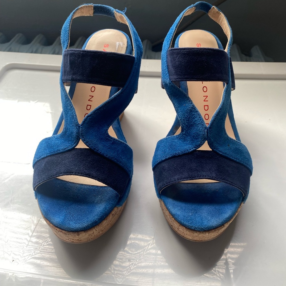 Wedged cork, multi blue suede summer shoes